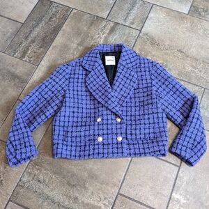 Sandro Simona Double Breasted Crop Tweed Wool Blazer Jacket Purple/Black Size 36